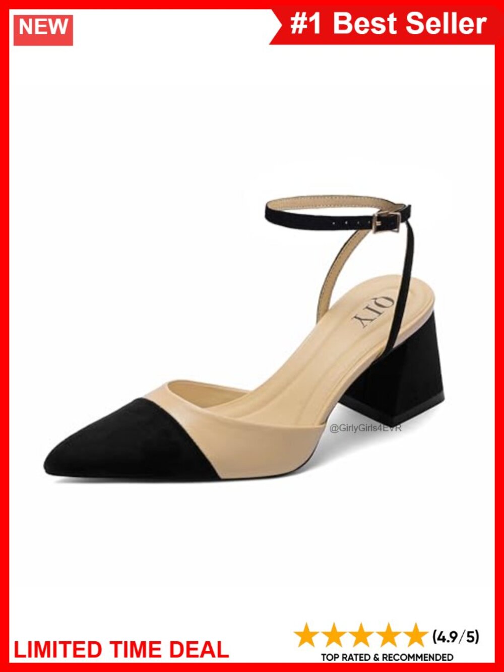 Faux Leather Pointed Toe Chunky Heel Pump with Ankle Strap
